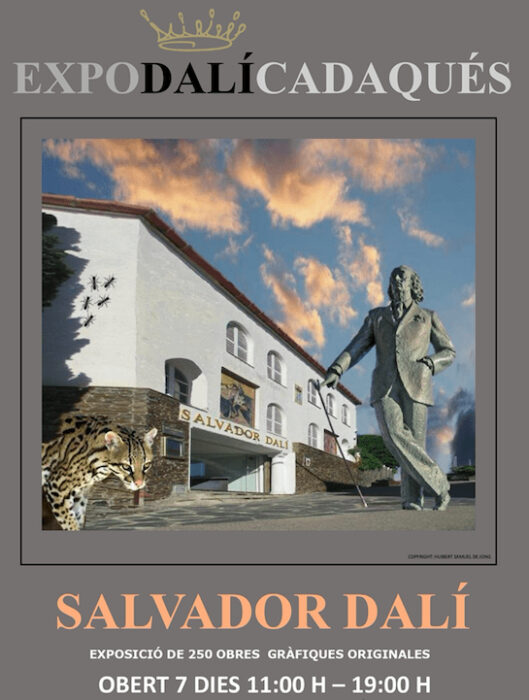 pòster promocional de l'expo Dalí: l'estàtua de Dalí, un guepard i l'edifici blanc de l'Expo Dalí